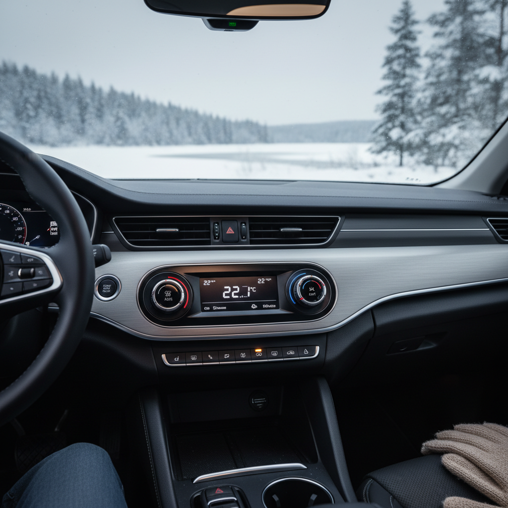 Car dashboard showing temperature gauge and heater controls