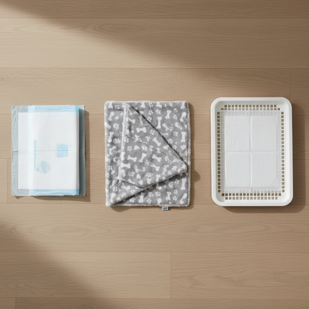 Comparison of disposable puppy pads, washable pads, and a pad holder tray