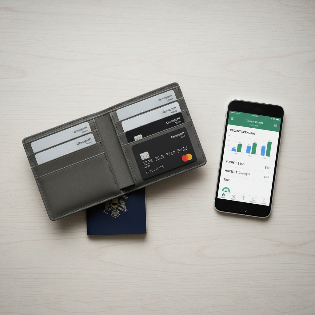 Travel wallet setup with two credit cards, a debit card, and a phone showing spending alerts