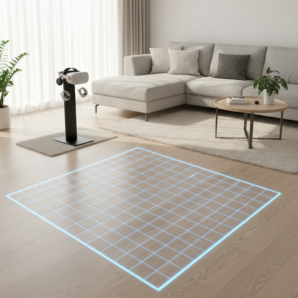 Safe VR play space setup for rhythm games with boundary and clear room