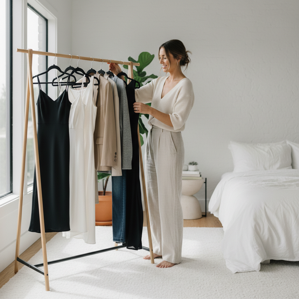 Woman choosing date night outfit from a capsule wardrobe