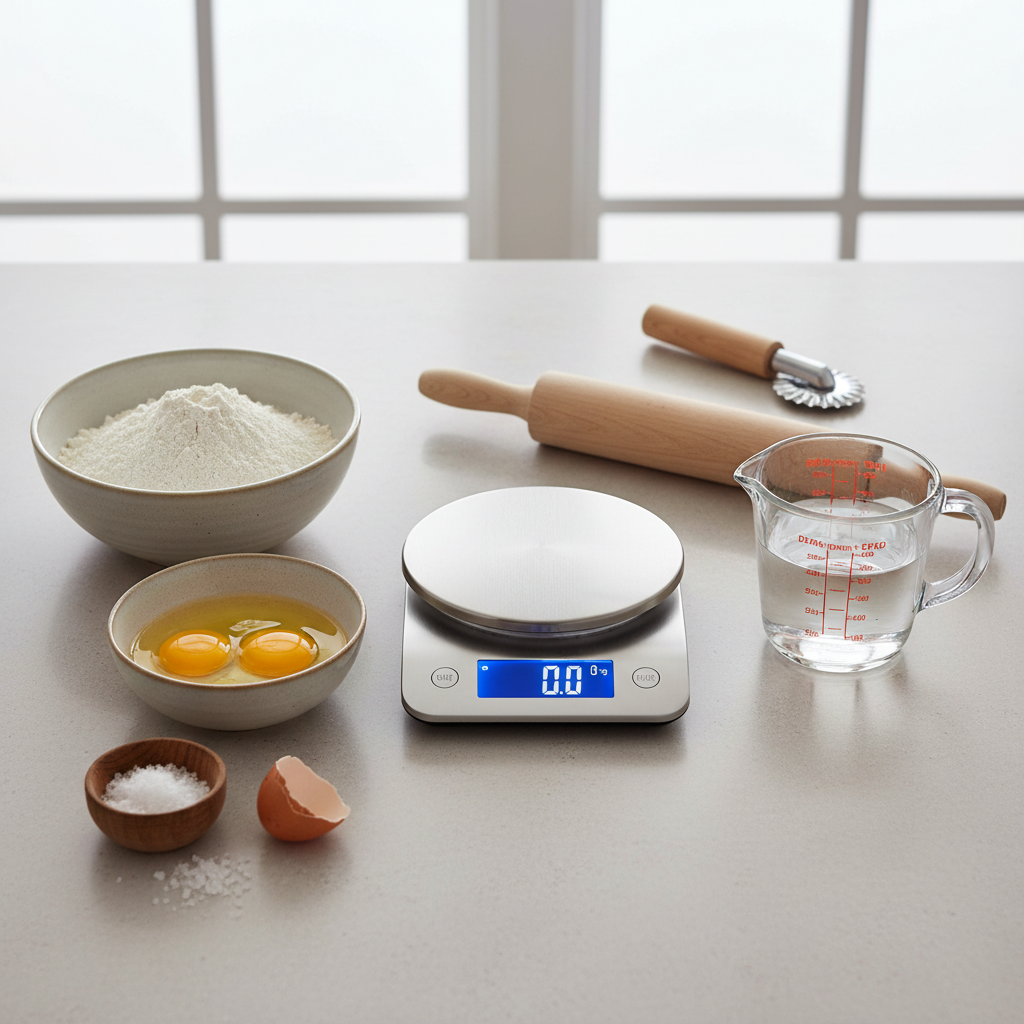 Ingredients for fresh homemade noodles measured on a kitchen scale