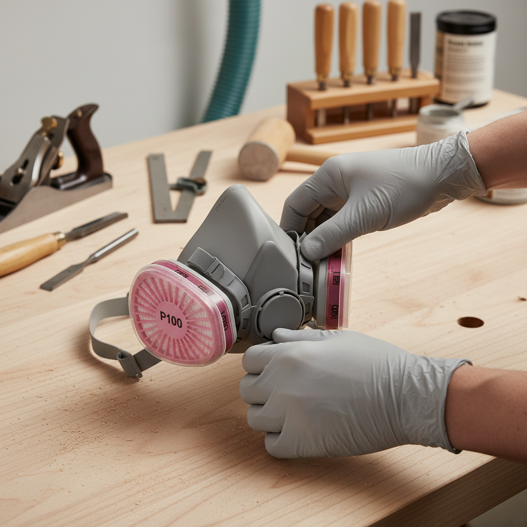 Close-up of hands replacing P100 filters on a half-face respirator before woodworking
