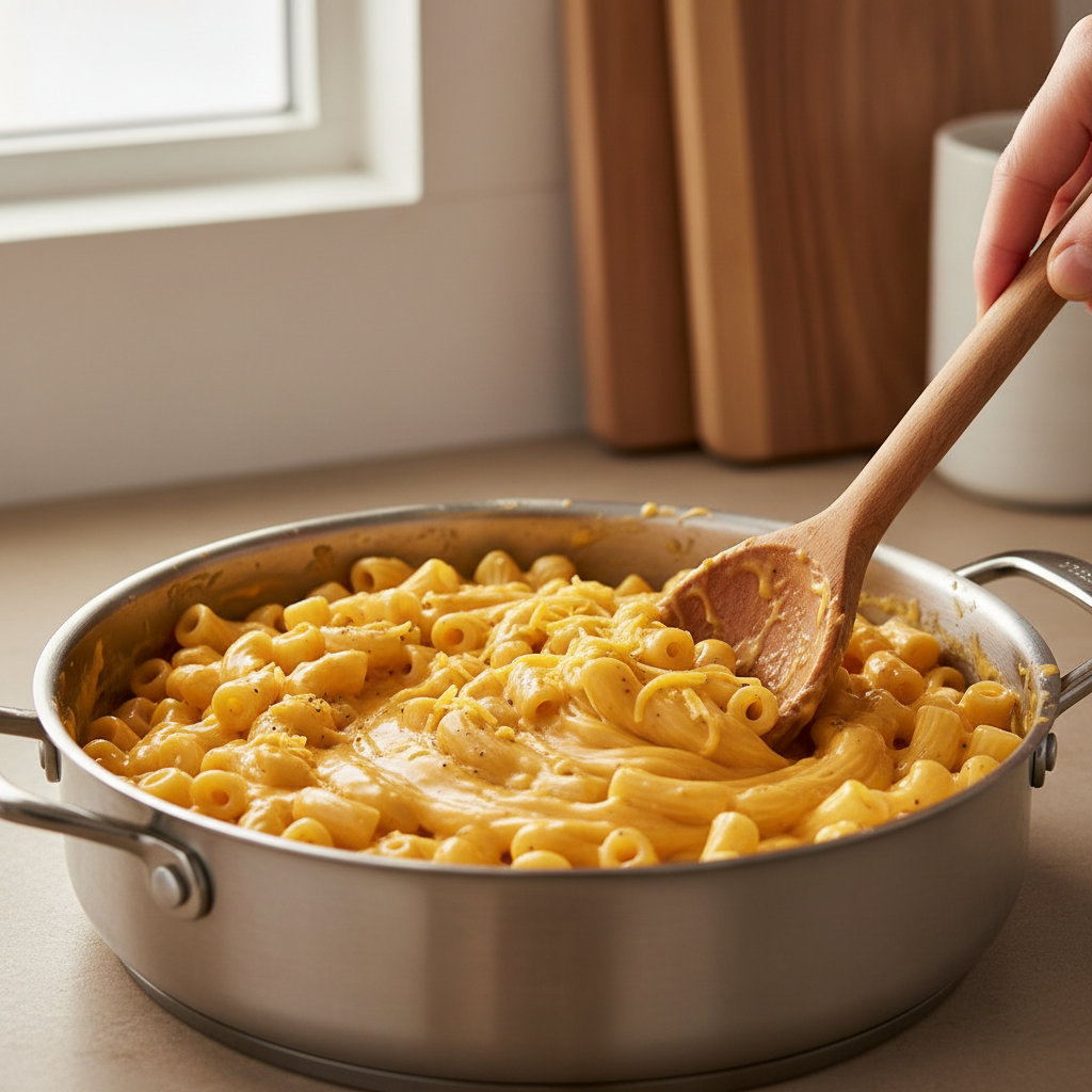 Creamy stovetop mac and cheese in a saucepan with cheese sauce