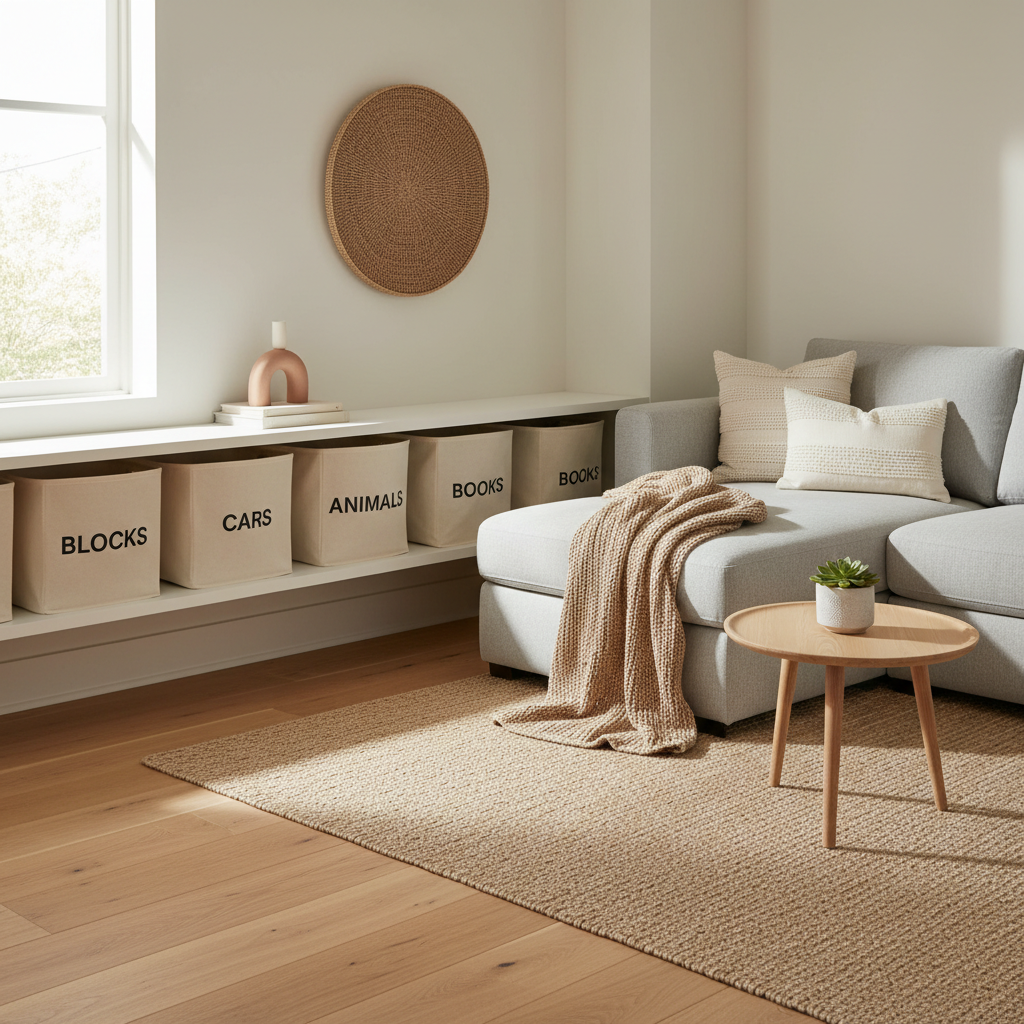 Low shelf with labeled toy bins in a small living room