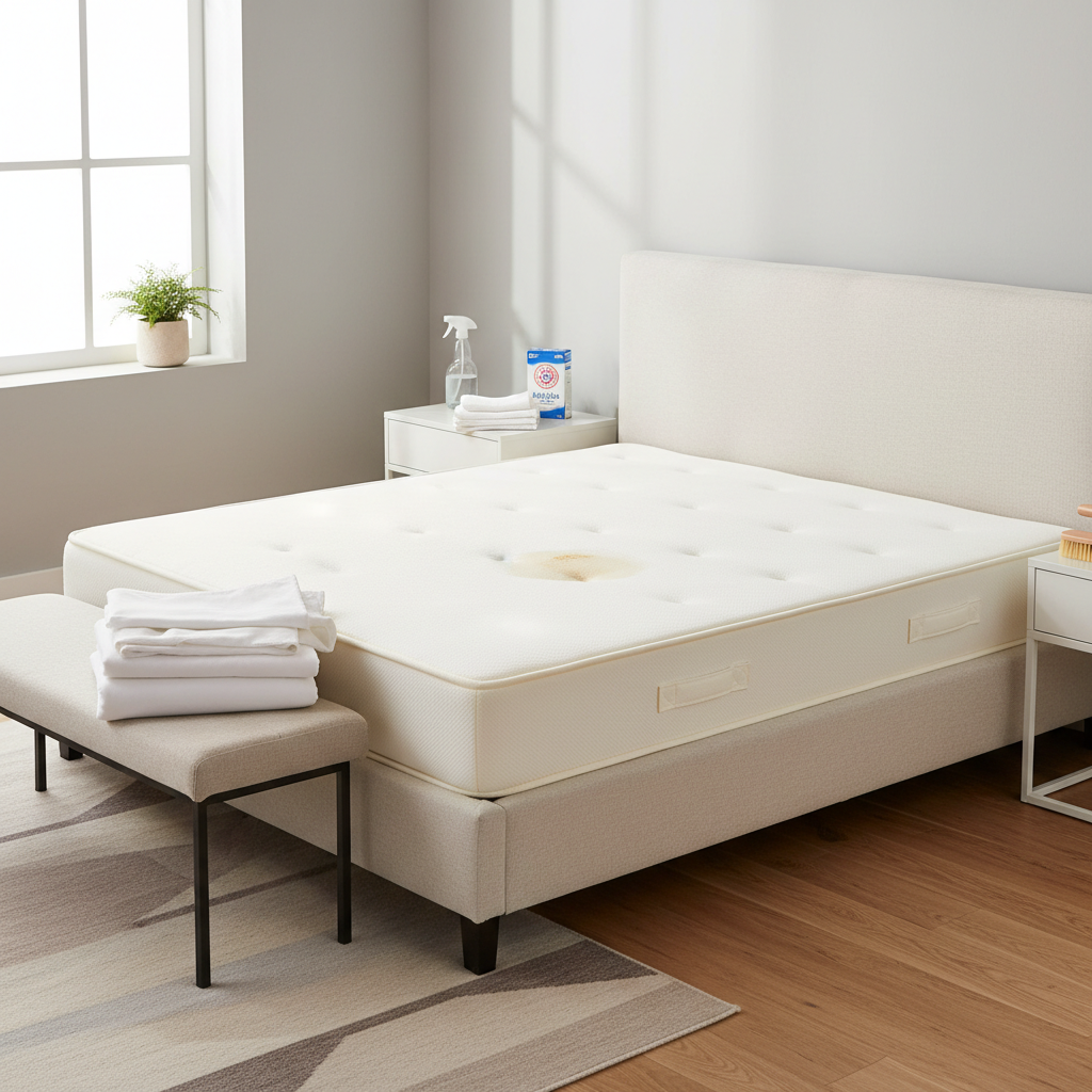 Freshly stripped bed with visible mattress stain and cleaning supplies ready