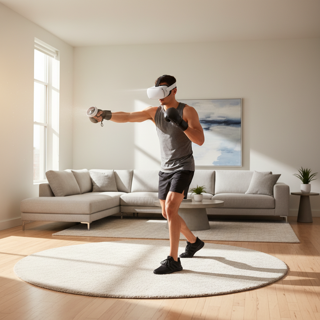 Player in VR boxing match throwing a punch in a spacious living room play area