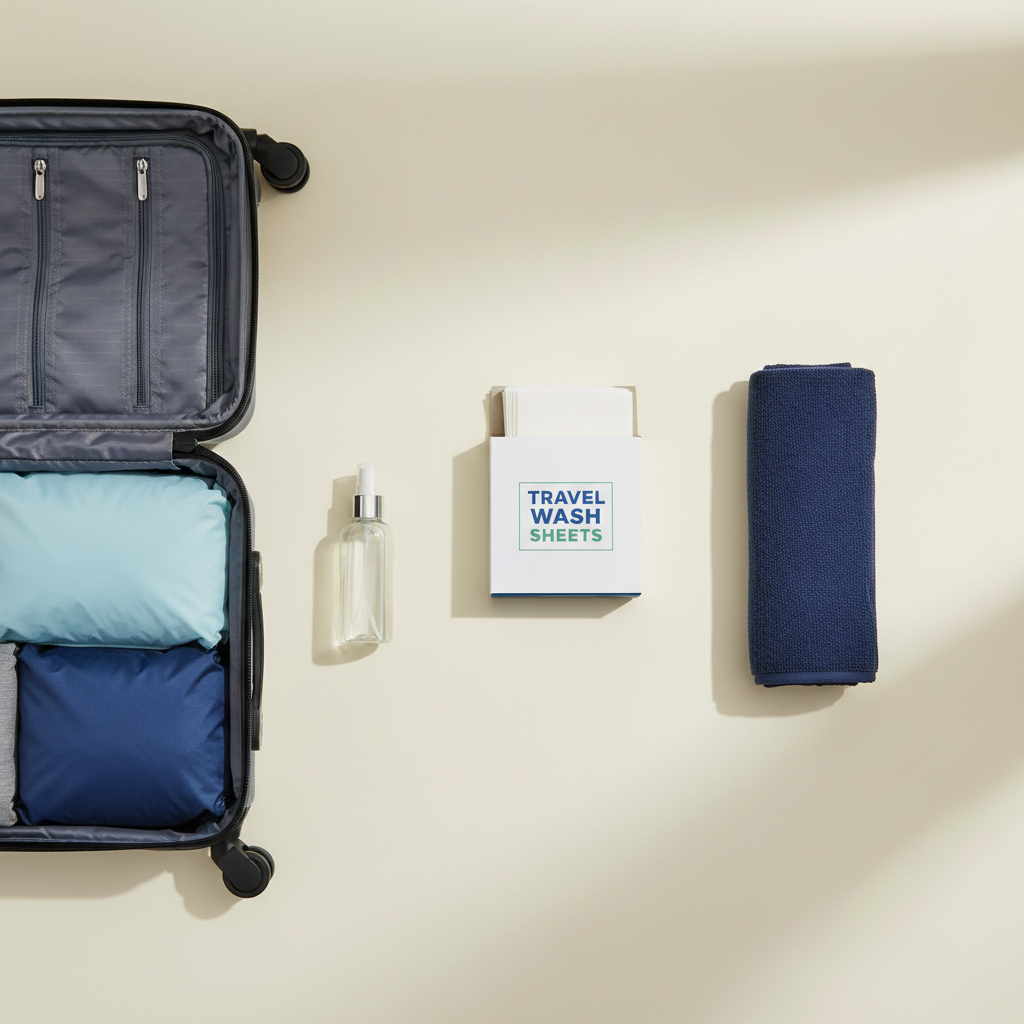 Flat lay of travel laundry detergent sheets with carry-on essentials