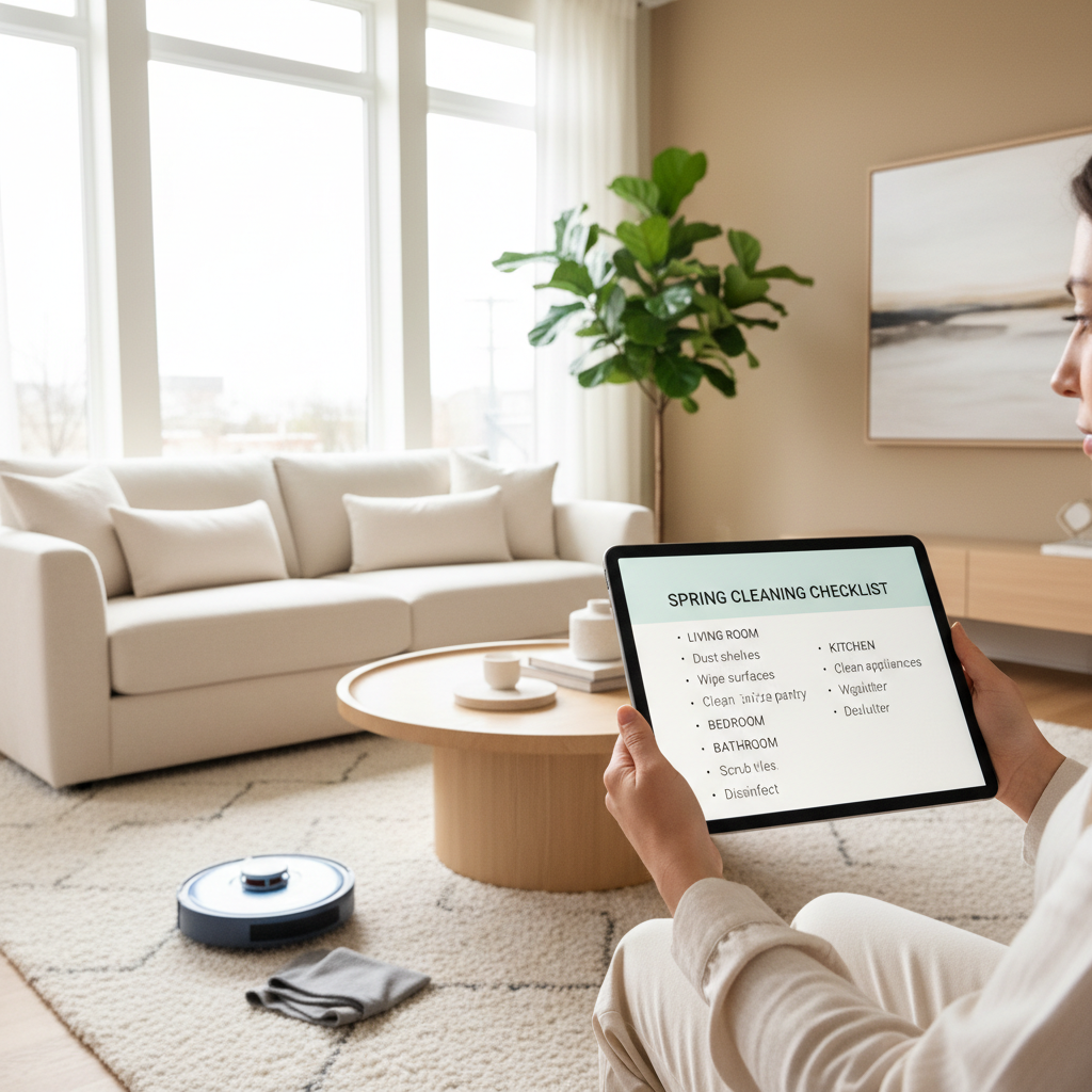 Room-by-room spring cleaning checklist on a tablet in a bright living room