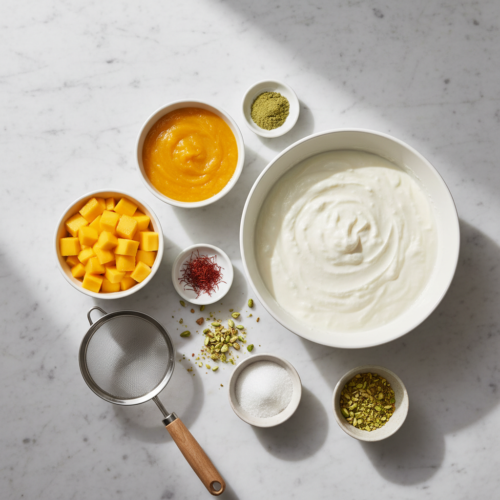 Ingredients for shrikhand amrakhand: yogurt, mango, cardamom, saffron, sugar