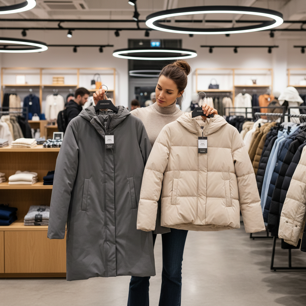 Woman comparing winter coats in a store, checking insulation and length