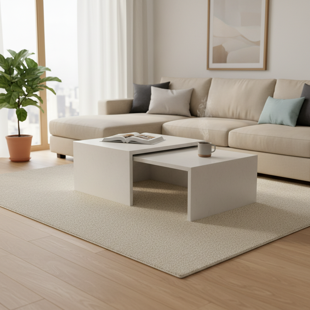 Nesting coffee tables in a small living room, styled for flexible use