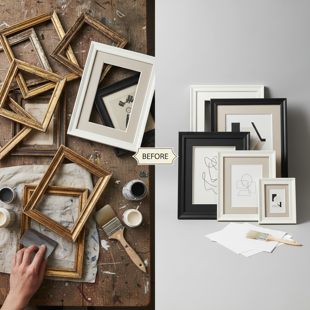 Before and after thrifted picture frame makeover with matte backing