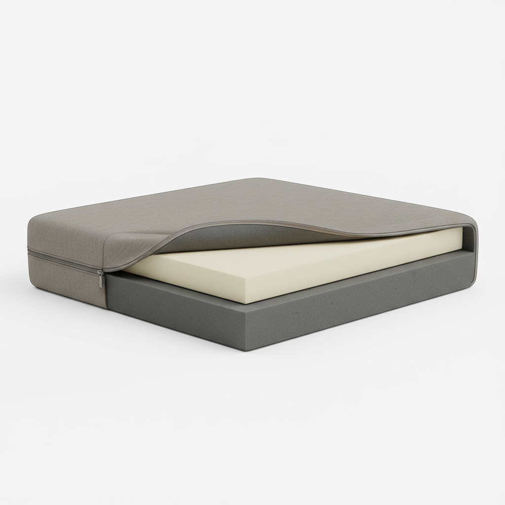 Cutaway view showing layered orthopedic foam inside a large dog bed