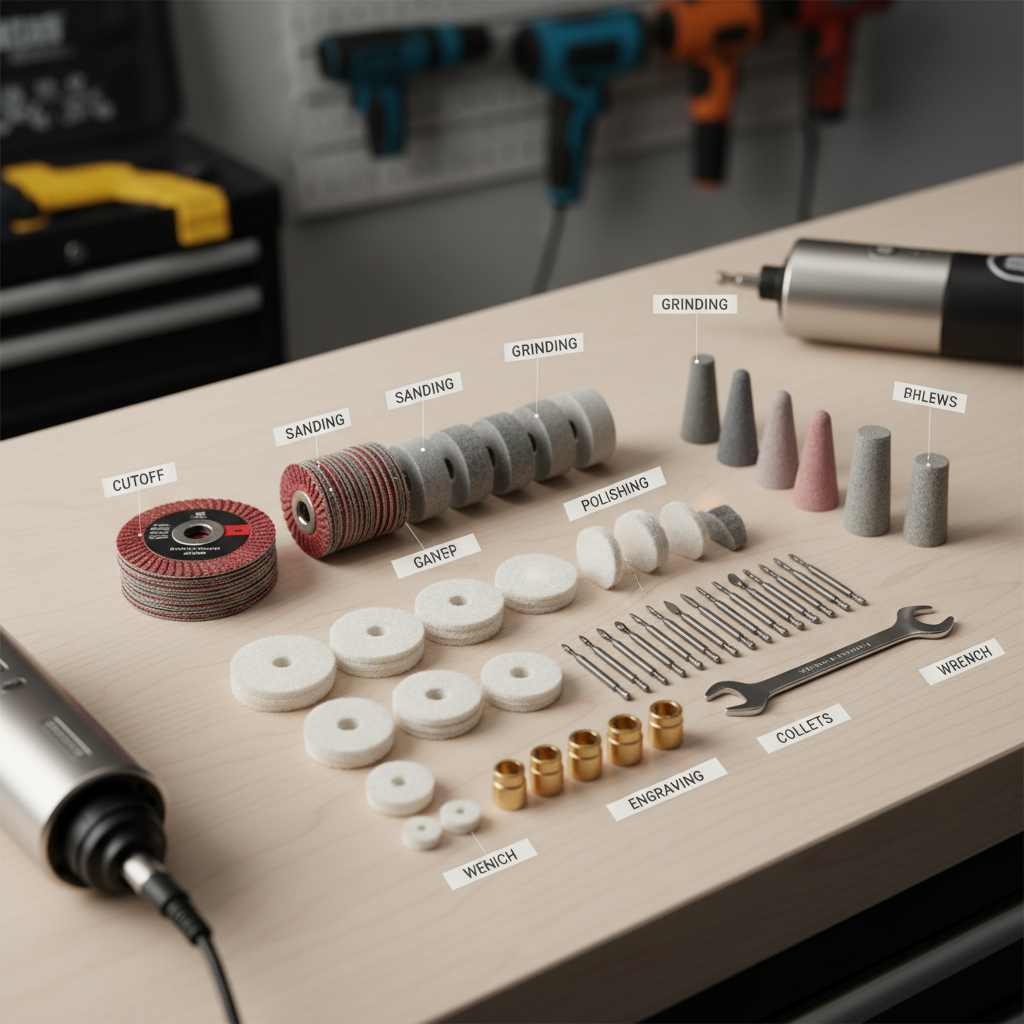 Rotary tool accessories laid out with reinforced cutoff wheels sanding drums and engraving bits