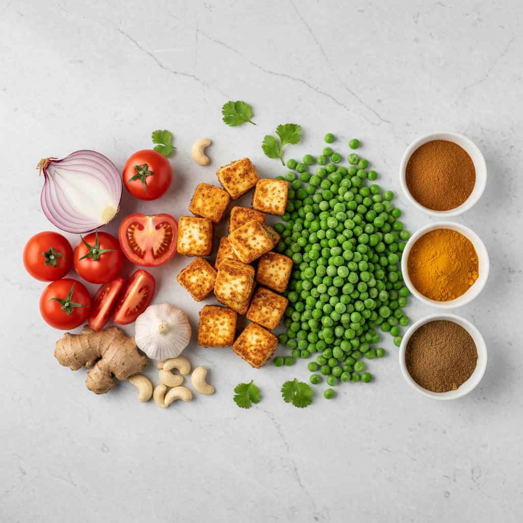 Mattar paneer ingredients laid out: paneer, peas, tomatoes, onions, spices