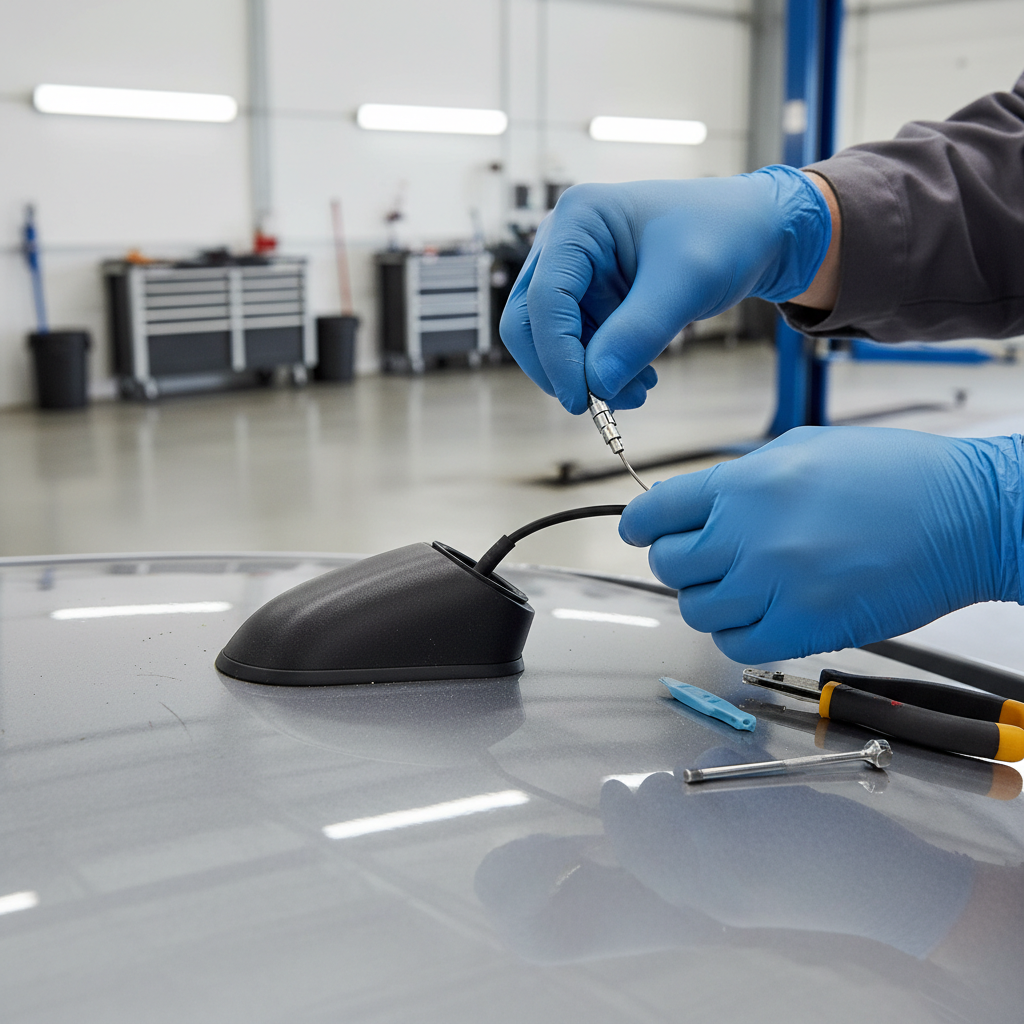 Technician inspecting car roof antenna base and coax connector for corrosion