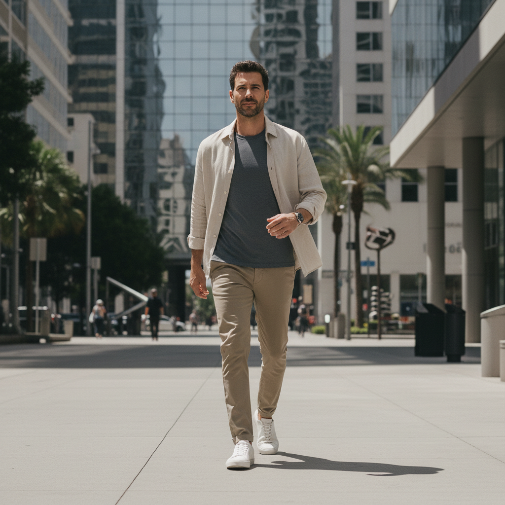 City summer outfit formula with linen shirt layered over performance tee