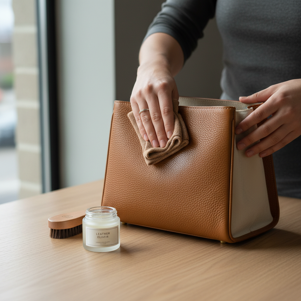 Applying leather conditioner to a handbag with a soft cloth