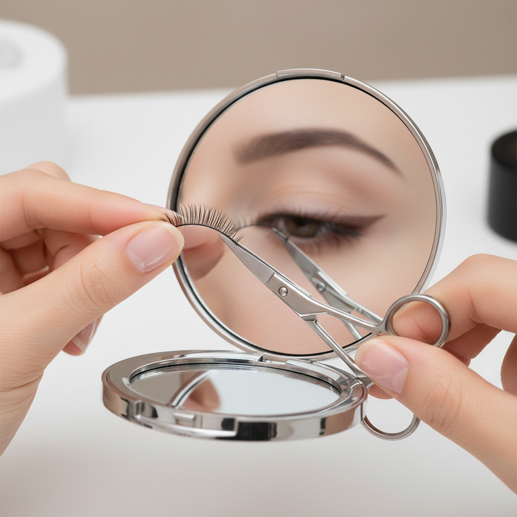 Close-up of trimming a strip lash to fit eye shape