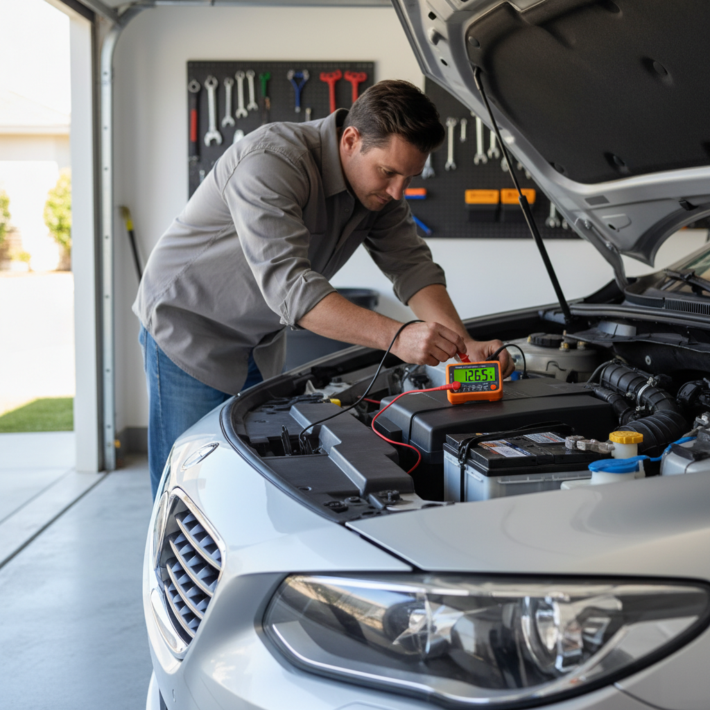 Testing a car battery at home with a digital multimeter on the terminals