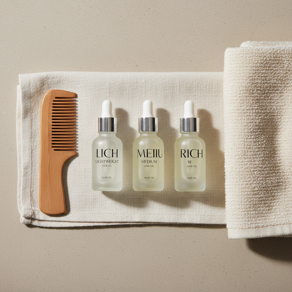 Different hair oil textures from lightweight to rich shown in a modern beauty flat lay