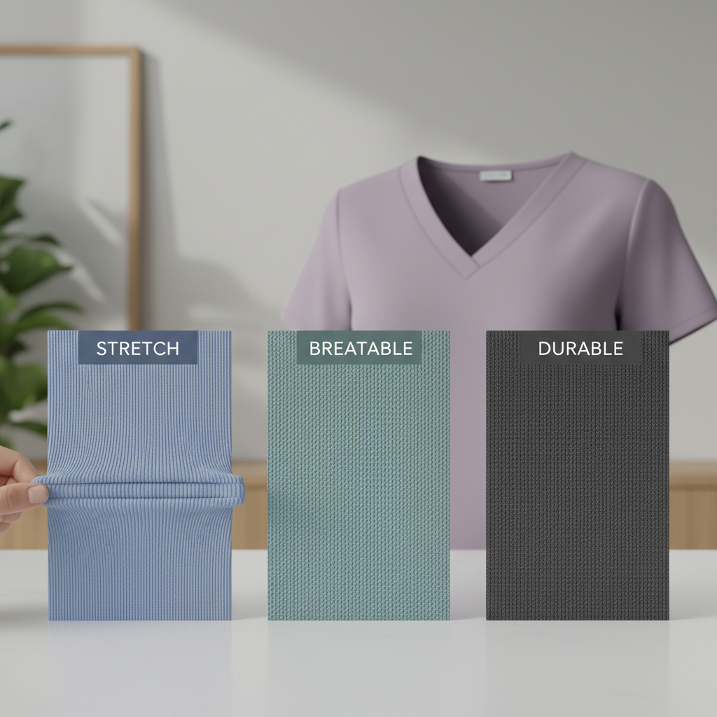 Women nurse scrubs fabric comparison showing stretch, breathability, and durability