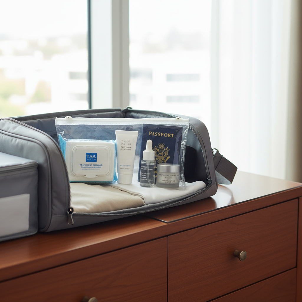 Travel makeup remover wipes in a carry-on toiletry bag