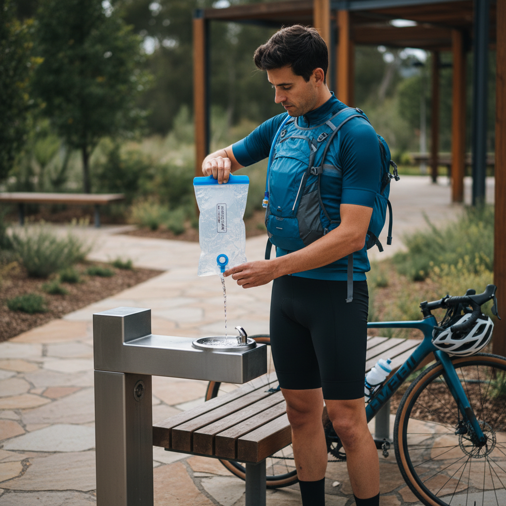 Cyclist refilling a hydration bladder at a trailhead water fountain