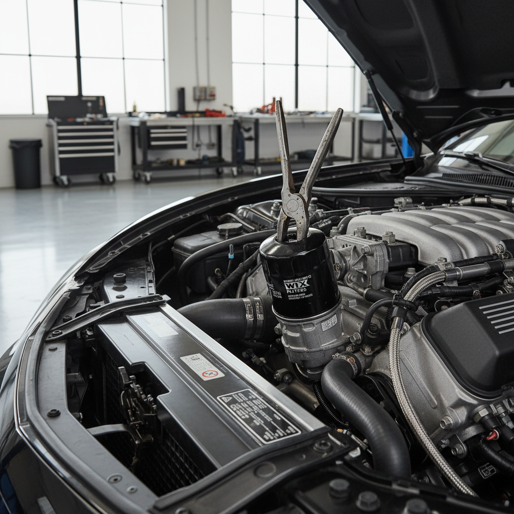 Stuck oil filter on a car engine during DIY oil change