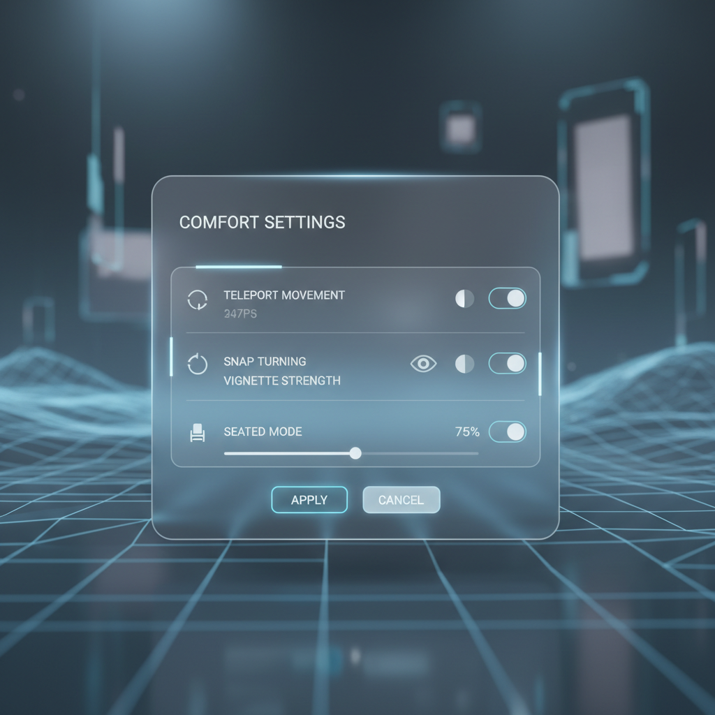 VR comfort settings menu showing vignette, snap turn, and teleport options for narrative games