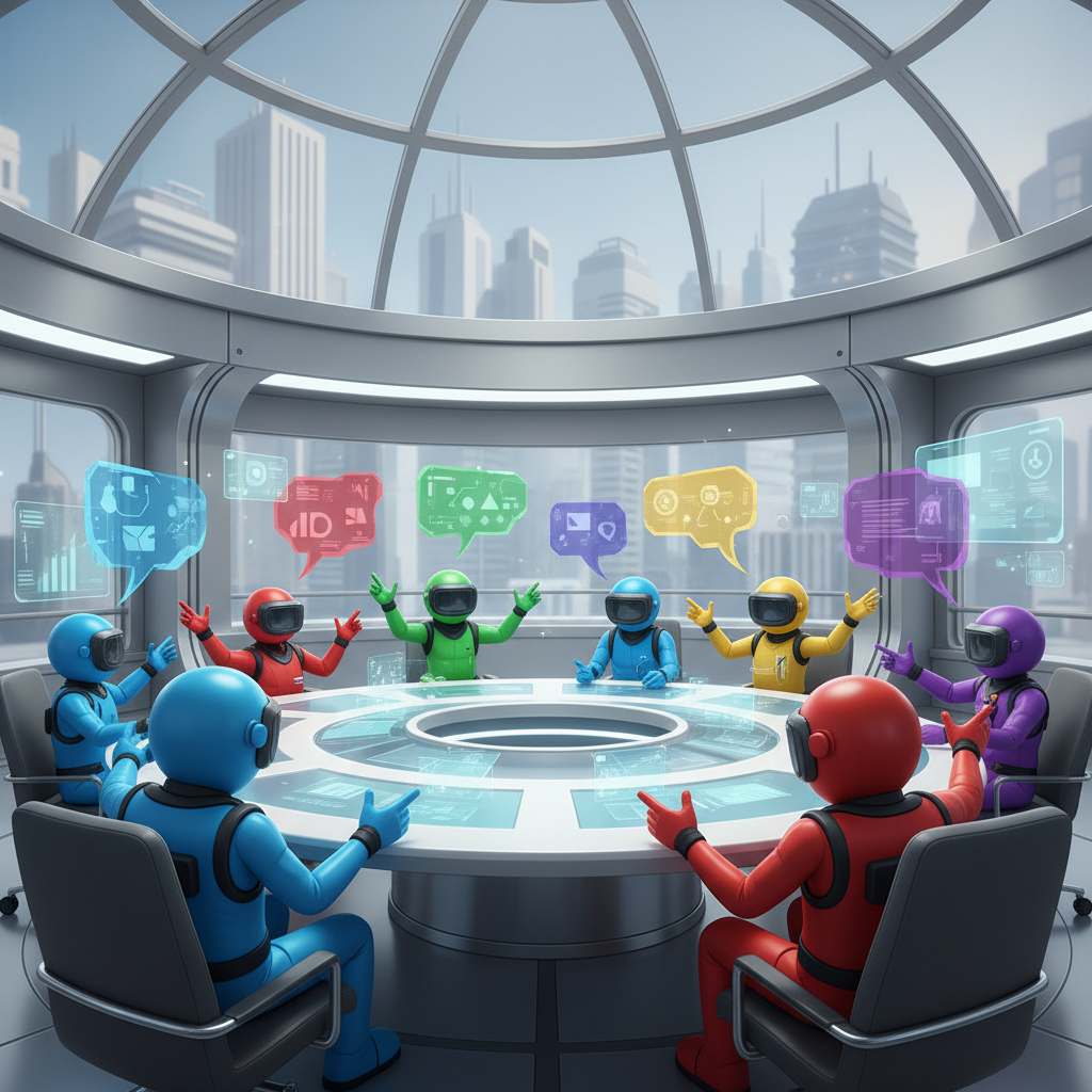 Among Us VR meeting room with players gesturing and debating