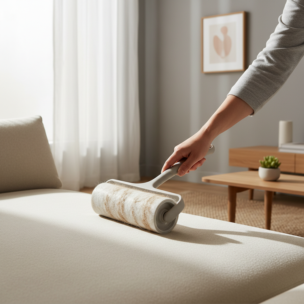 Using a wide lint roller on sofa cushions for weekly pet hair removal