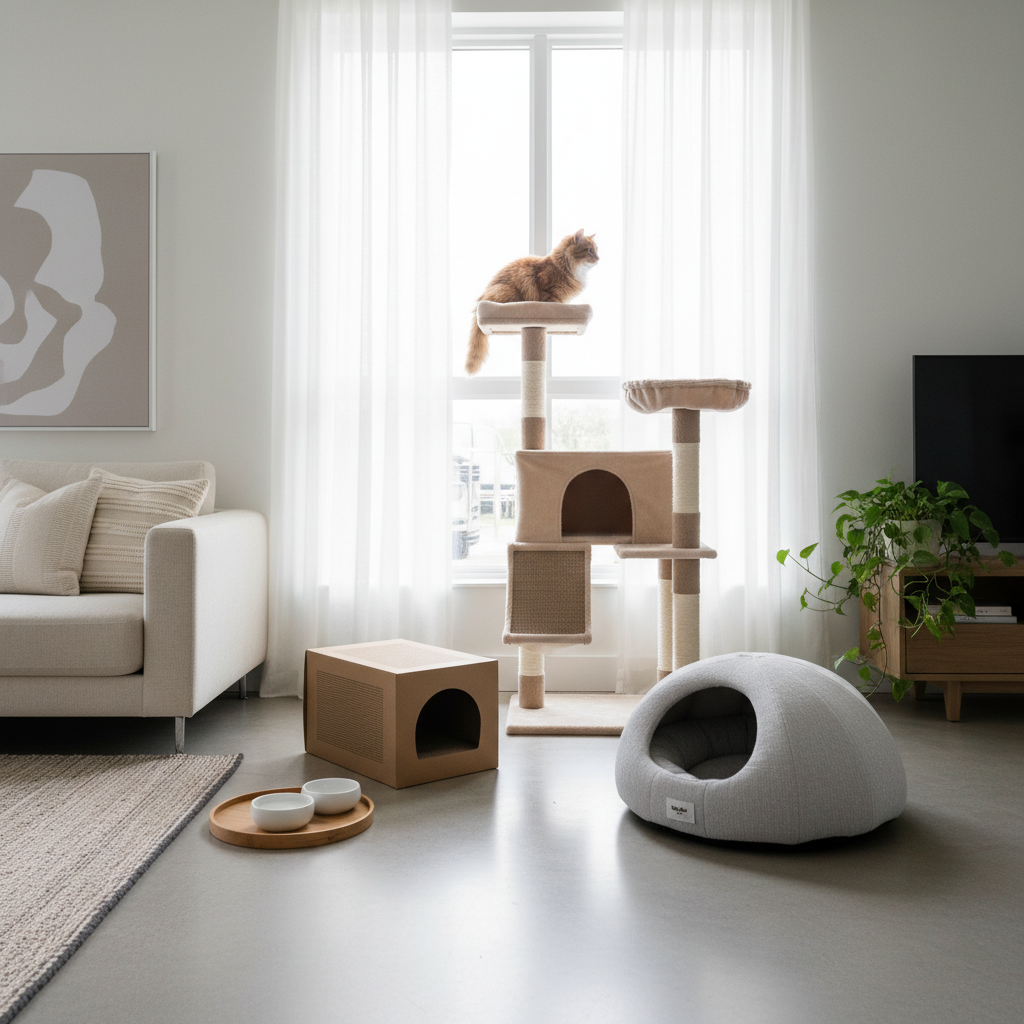 Cat-friendly home setup with hiding spots and vertical space