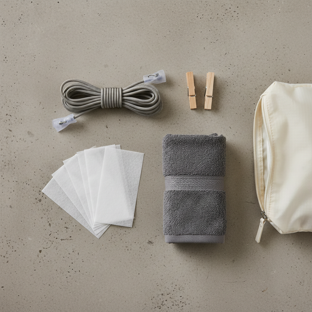 Minimal travel laundry kit with detergent sheets microfiber towel and clothesline