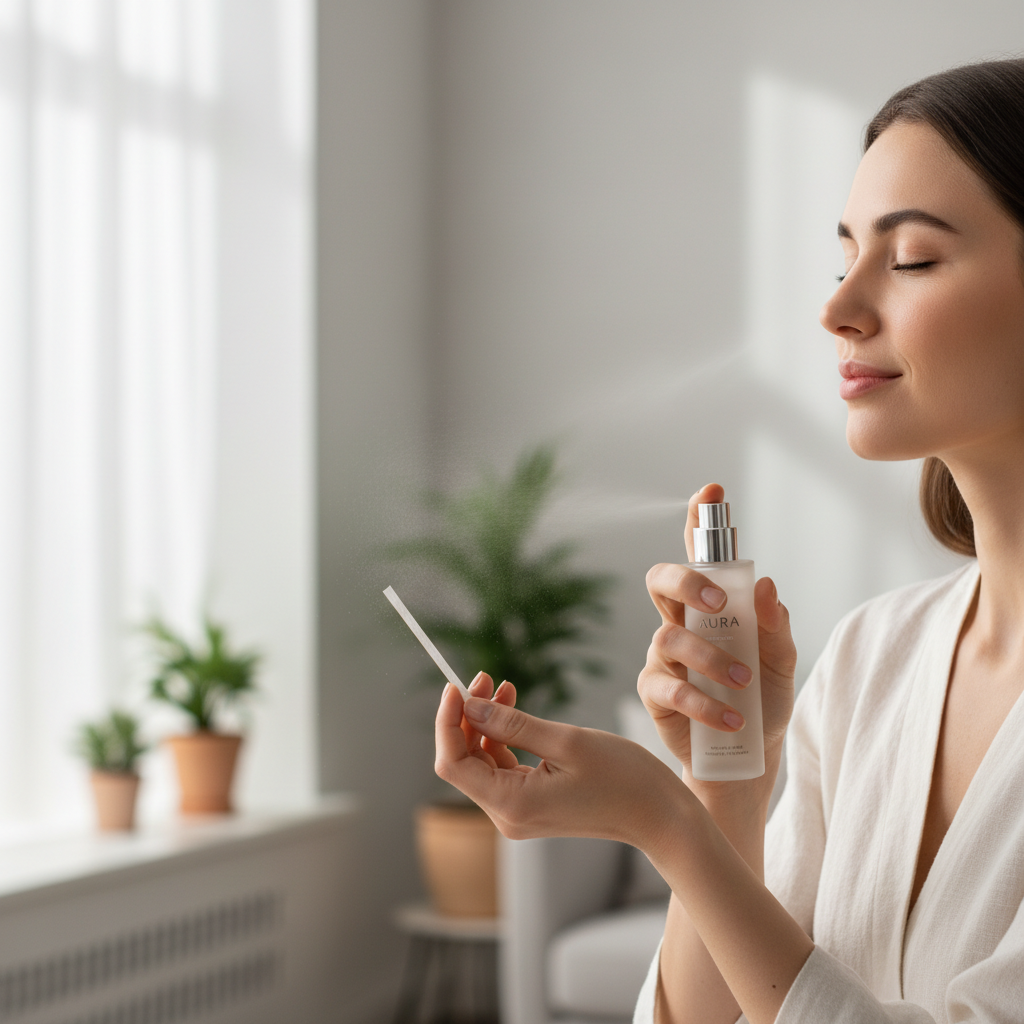 Woman testing fresh body mist on wrist with blotter strip in bright room