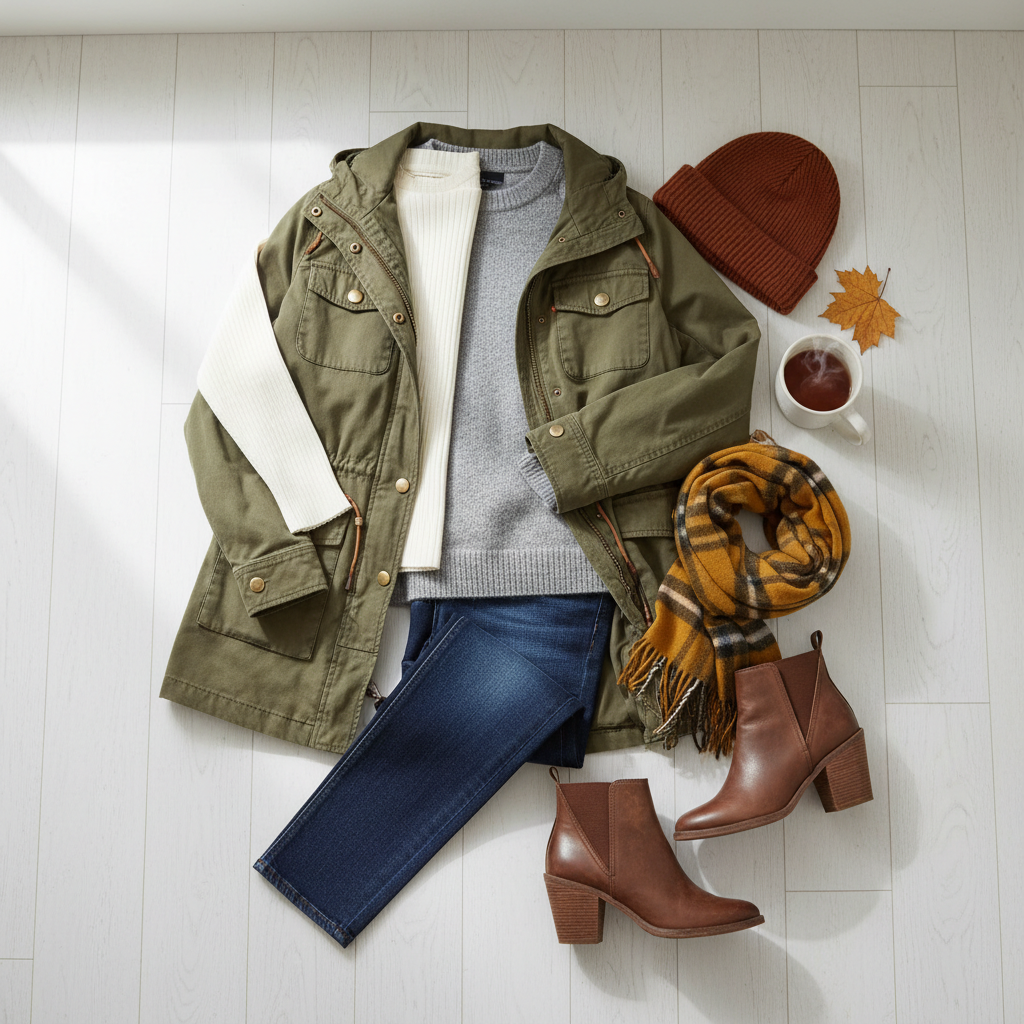 Simple fall layering outfit with base layer sweater and light jacket