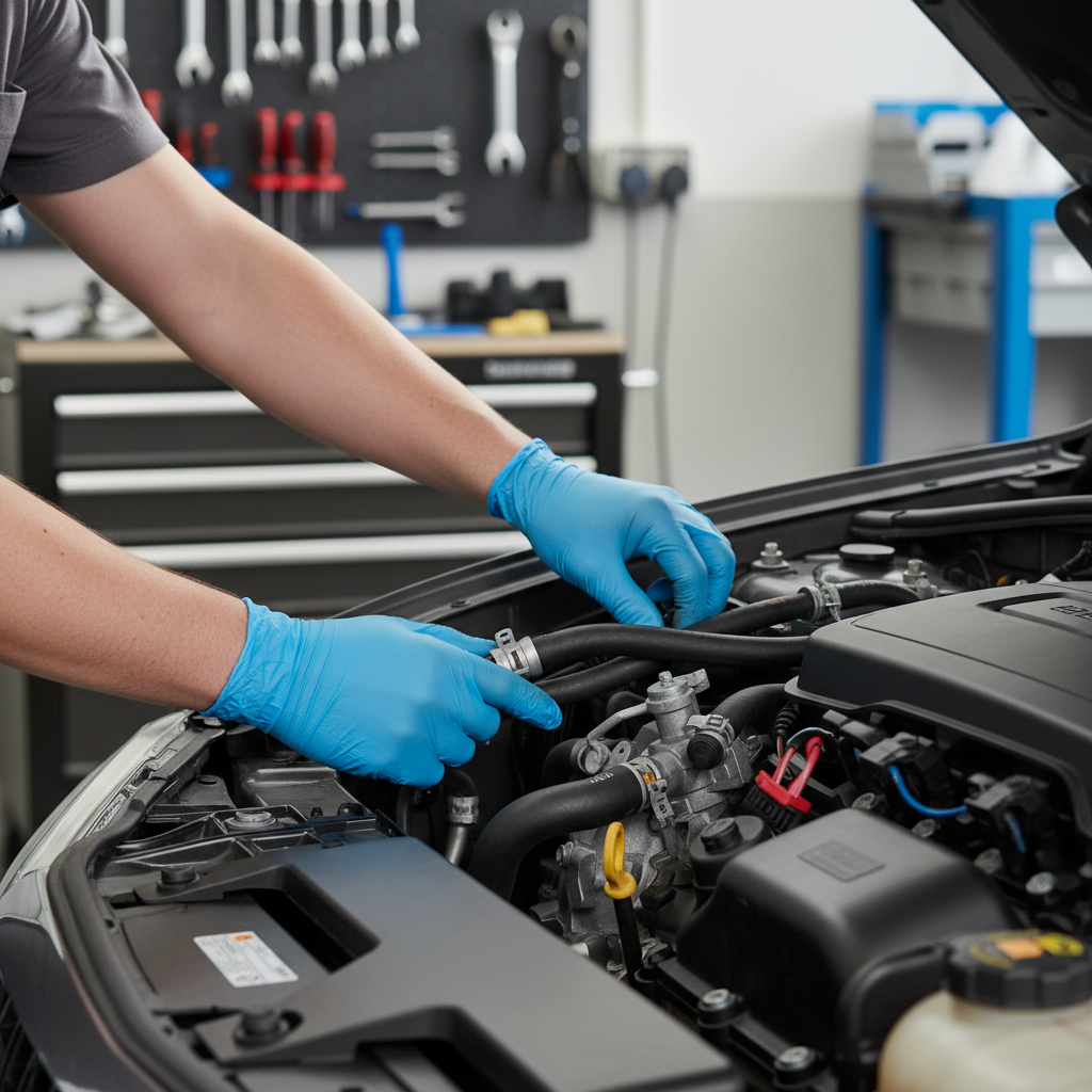 Mechanic checking heater hoses in engine bay