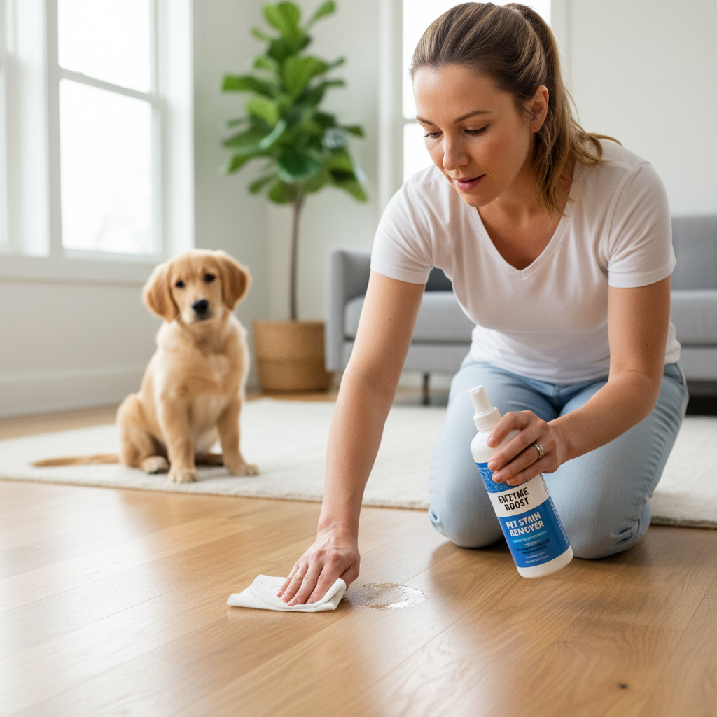 Owner cleaning puppy accident area with enzymatic cleaner on floor