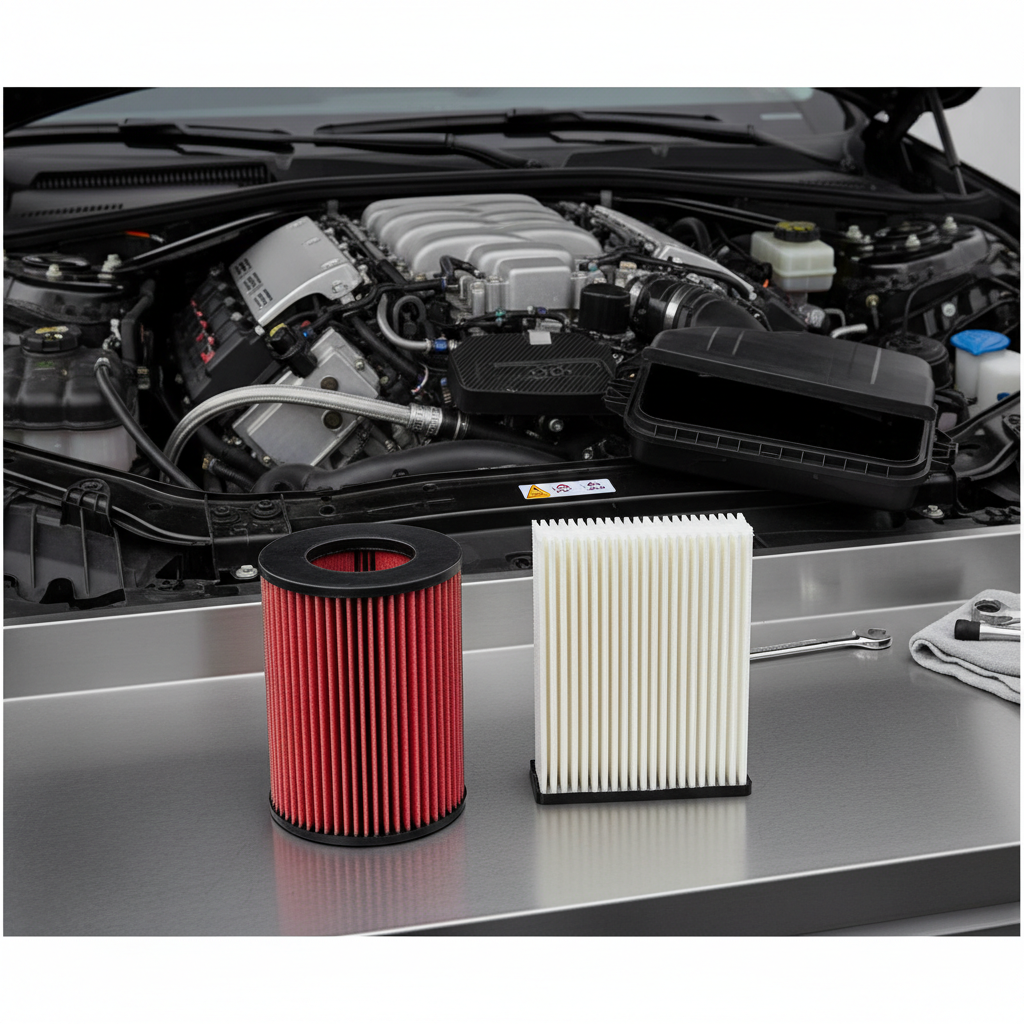 Reusable car air filter being inspected next to factory paper filter