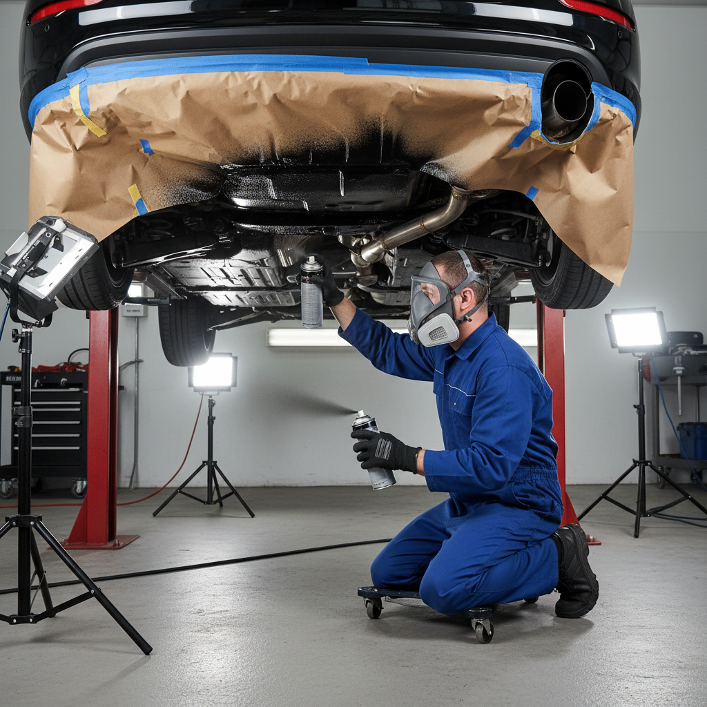 DIY undercoating spray application under a car with masking around brakes and exhaust