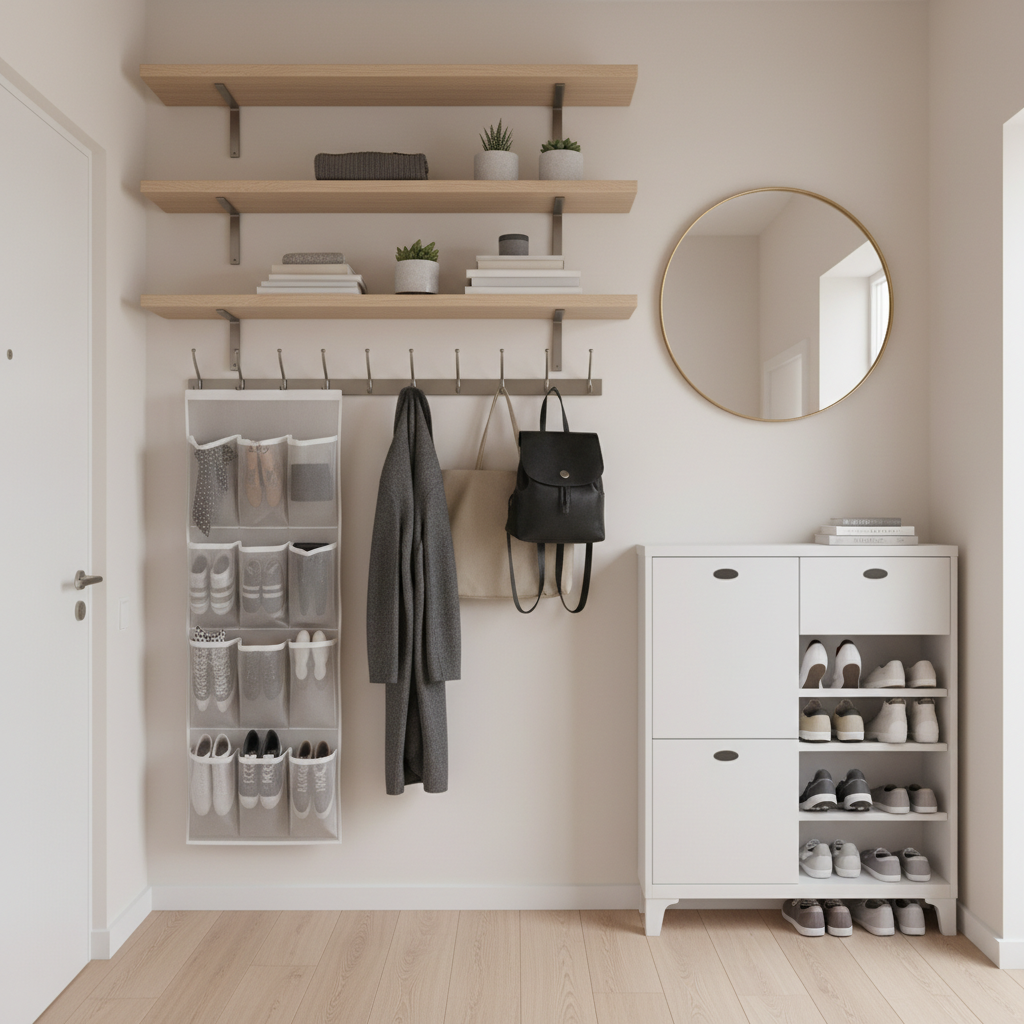 Vertical storage ideas for small apartments using wall shelves and over-the-door organizers