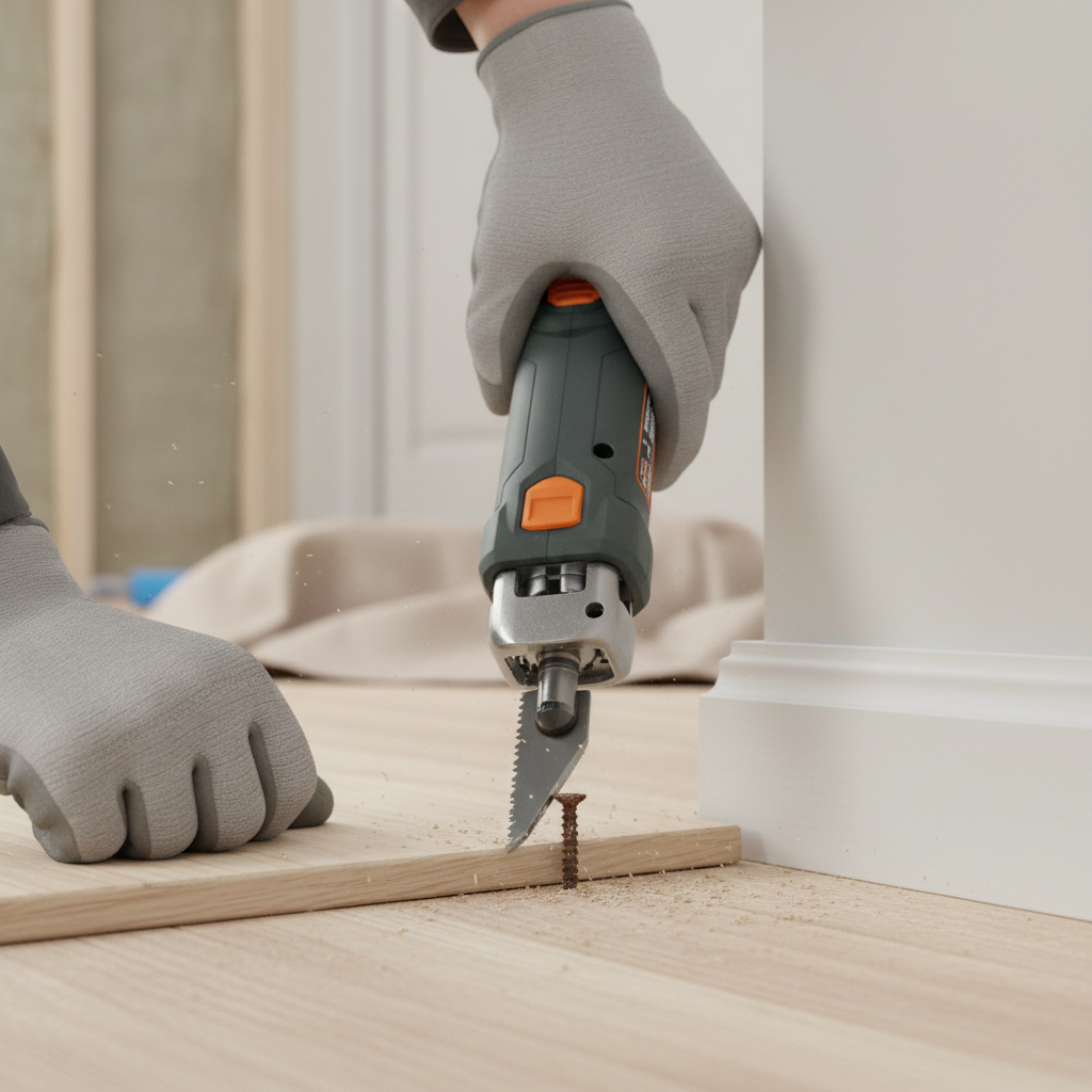 Close-up of oscillating tool flush cutting nail with bi-metal blade