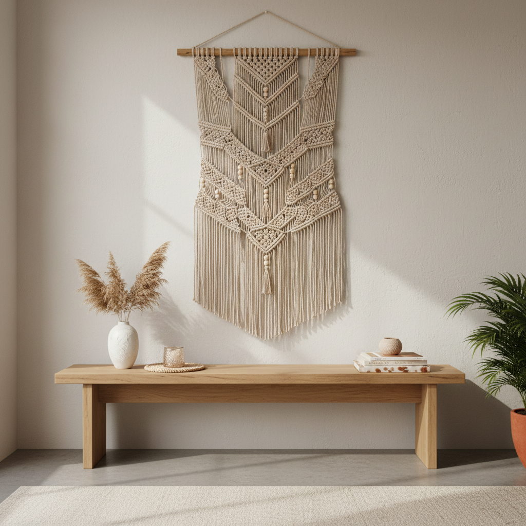 Finished easy macrame wall hanging in a cozy modern living room