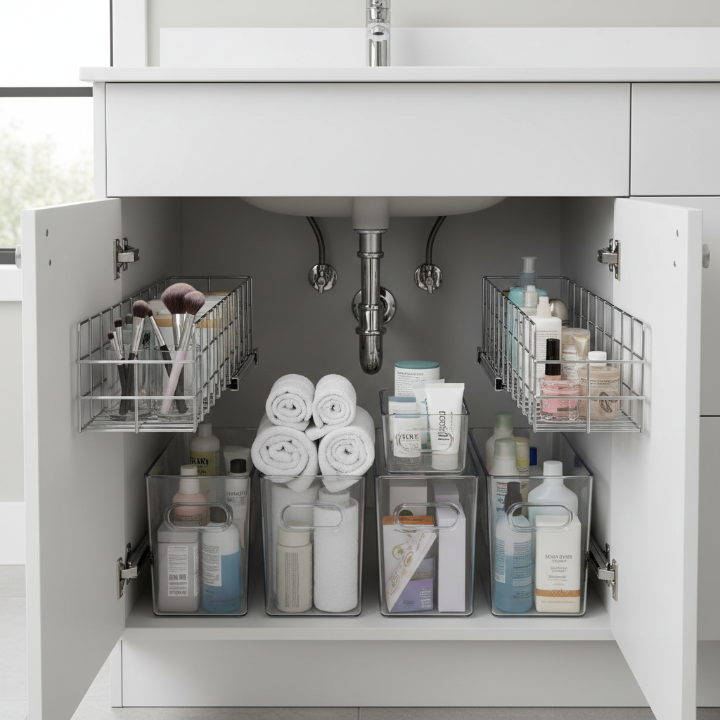 Bathroom vanity cabinet with organized bins around plumbing