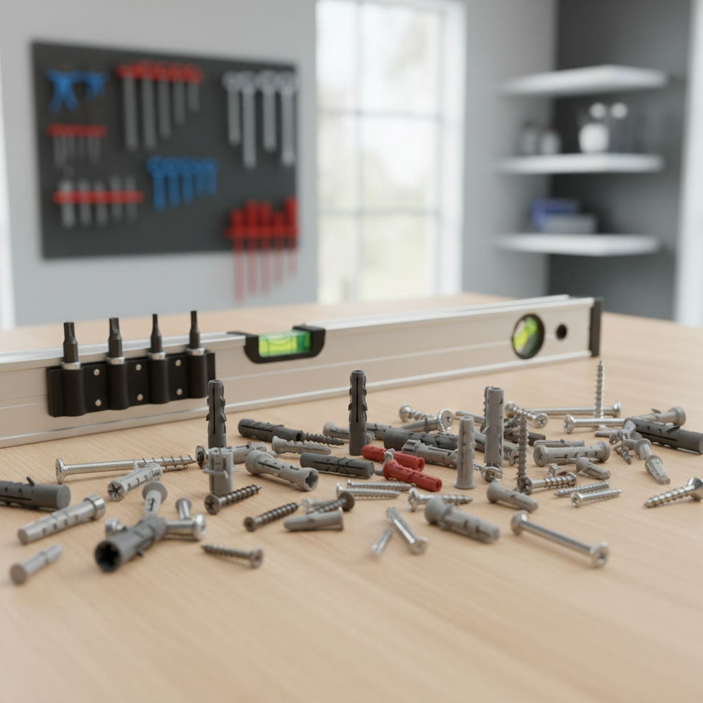 Close-up of wall anchors and screws for mounting a magnetic tool strip