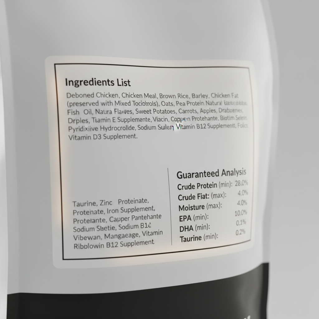 Dog food label close-up with ingredients and guaranteed analysis highlighted