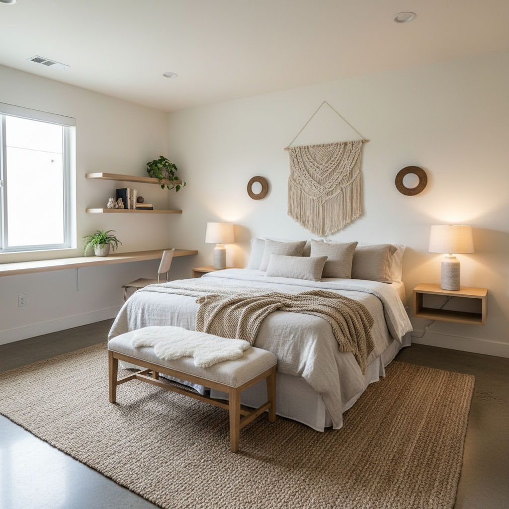 Cozy small bedroom layout for a couple with space-saving furniture