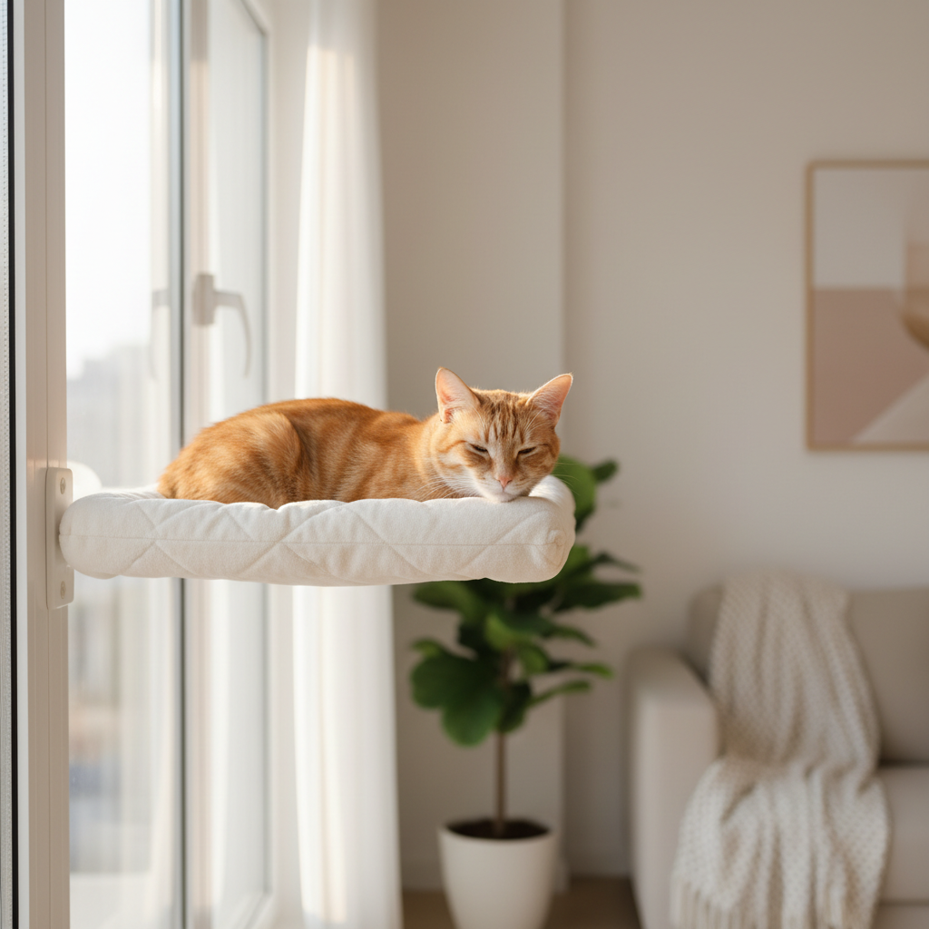 Cat relaxing on a window perch in a sunny apartment window