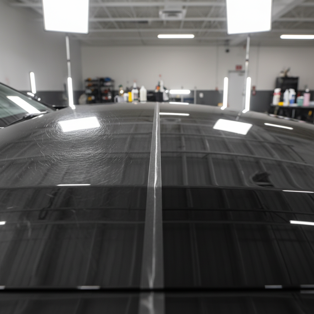 Car paint close-up showing swirl marks and glossy corrected finish